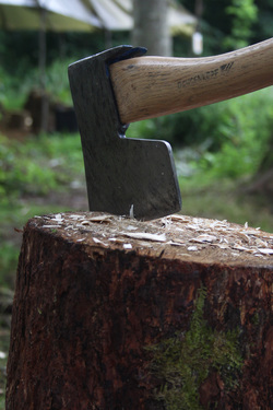 a side axe stuck in a log